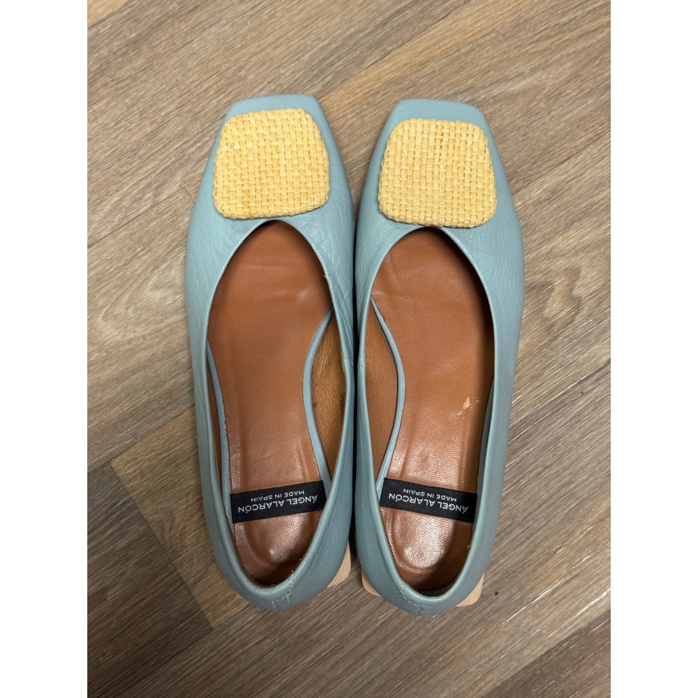 Angel Alarcon Light Blue Leather Square Toe Flats Woven Buckle Made in Spain - Picture 5 of 10